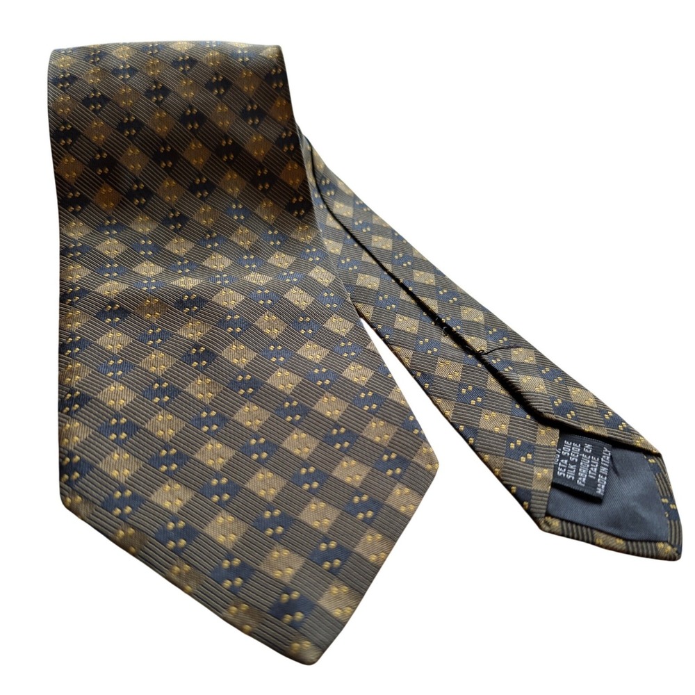 Hugo Boss Silk Tie Blue Gold Brown‎ Geometric Diamond Made in Italy L56" W3.5"